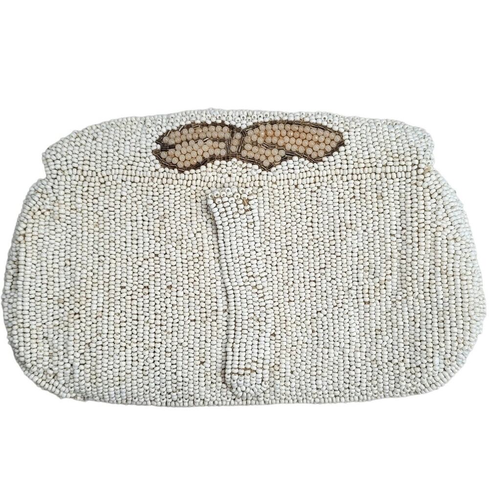 Antique Glass Beaded Dainty Art Deco Bow Design Zip Change Clutch Bag Purse 6in‎